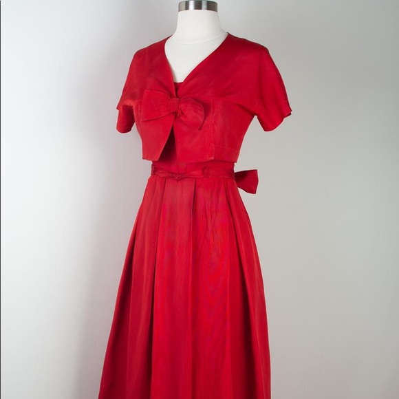 Vintage 1950s Red Taffeta Bow Dress with Bolero - Picture 4 of 7